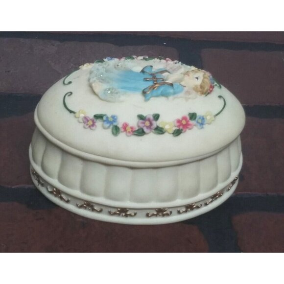 VTG 2001 trinket box angel little girl jewelry box resin ivory blue pink Oval - Picture 9 of 9